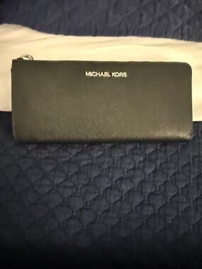 Michael Kors Black Saffiano Zip-Around Wallet with Silver Logo
